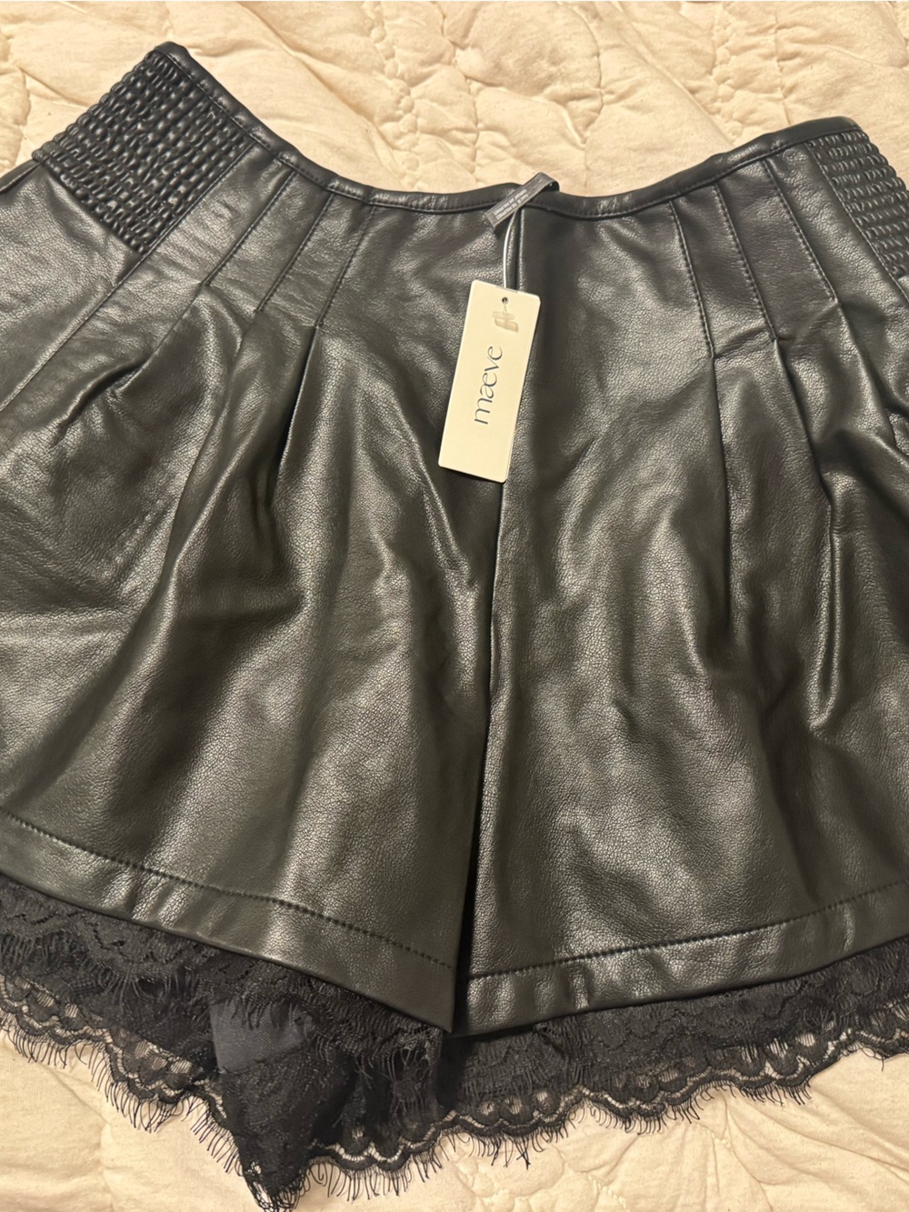 Anthropologie Black Faux Leather Lace-Trim Skort